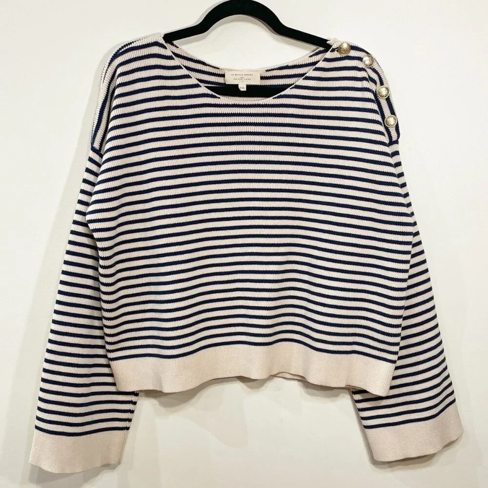 Last Chance! EUC Sezane Daisy 100% Cotton Striped Sweater Ecru Navy XXL - Picture 3 of 9